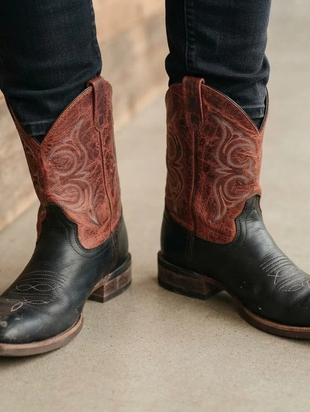 Old West Broad Square Toe Western Cowboy Boots Black & Maroon 2.5D Youth Size